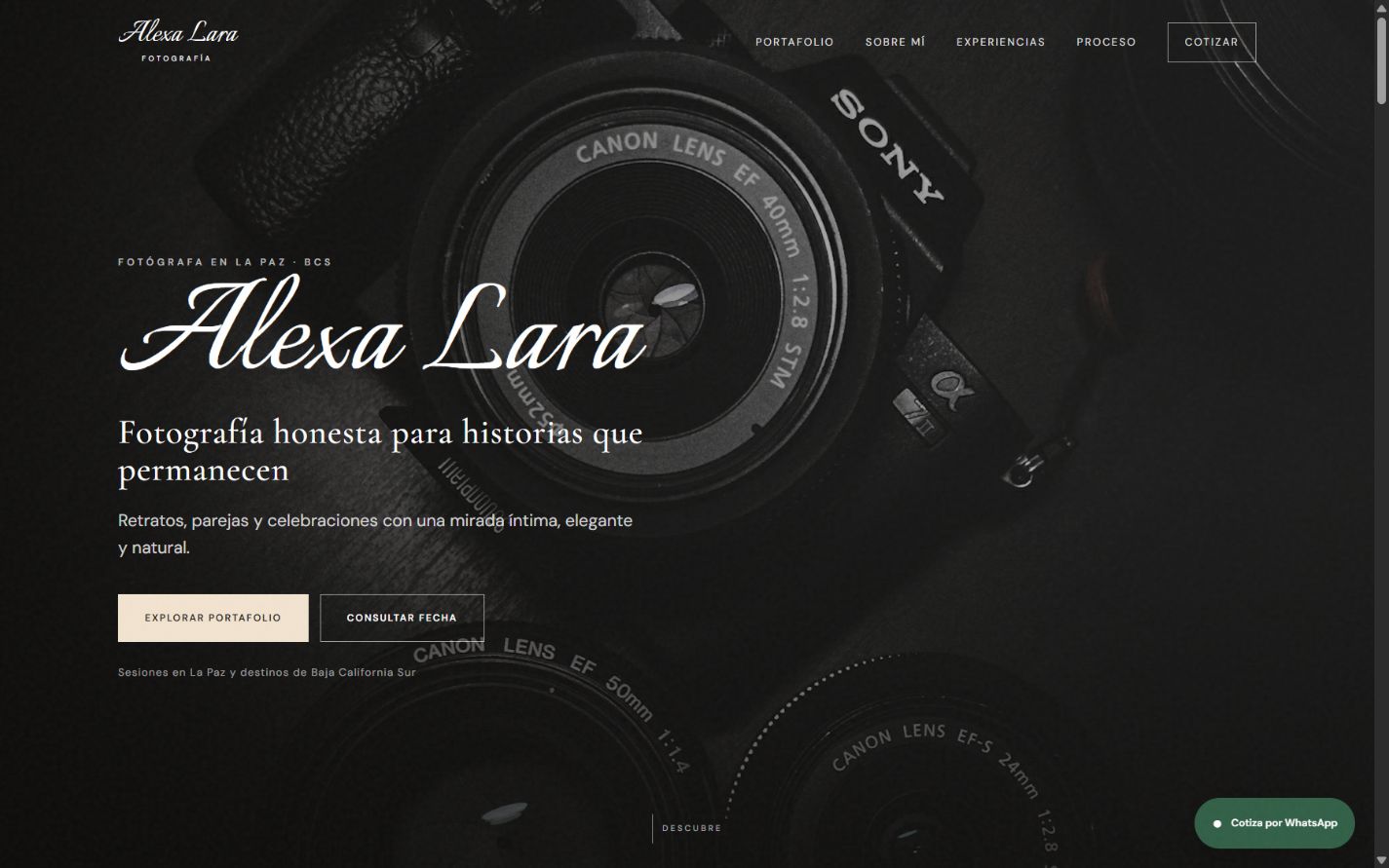 Página de inicio completa desarrollada para Alexa Lara Fotografía